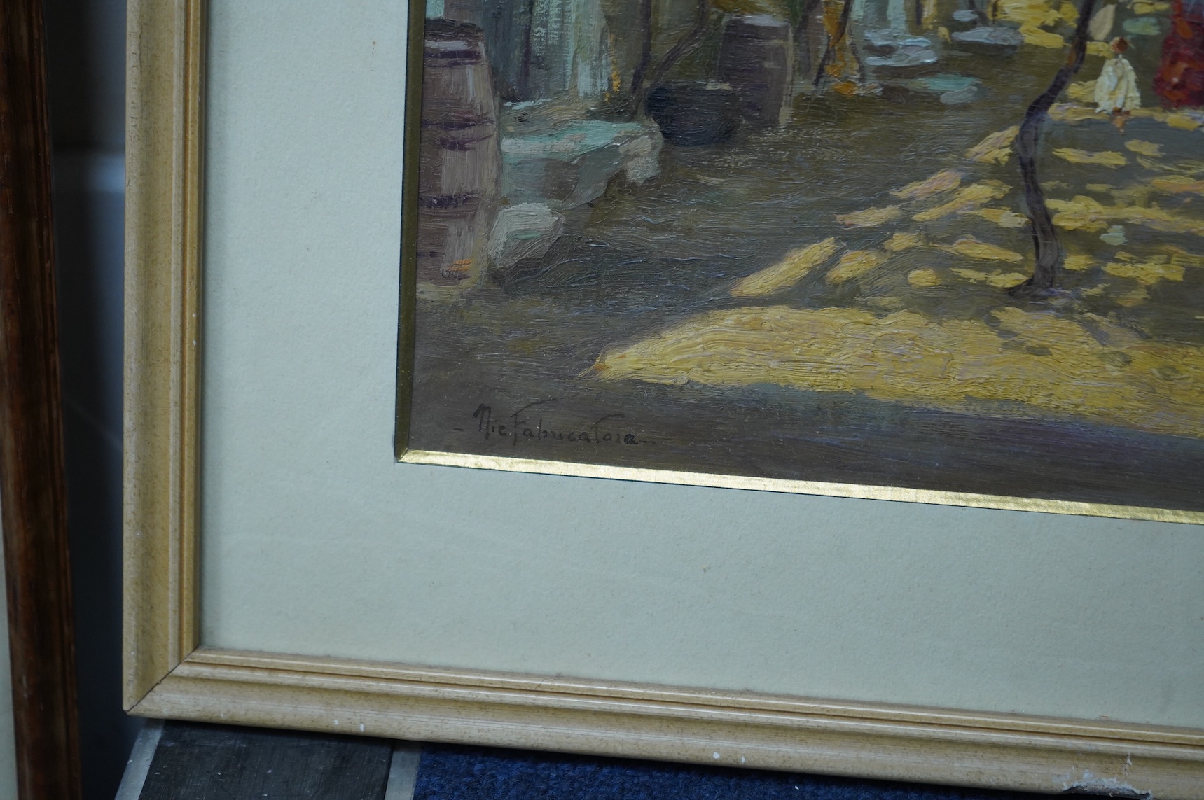 Italian School, ‘St. Marguerite and Parenzo’, each indistinctly signed and inscribed, pair of watercolours together with a similar impressionist oil, Figures before buildings, 21 x 24cm